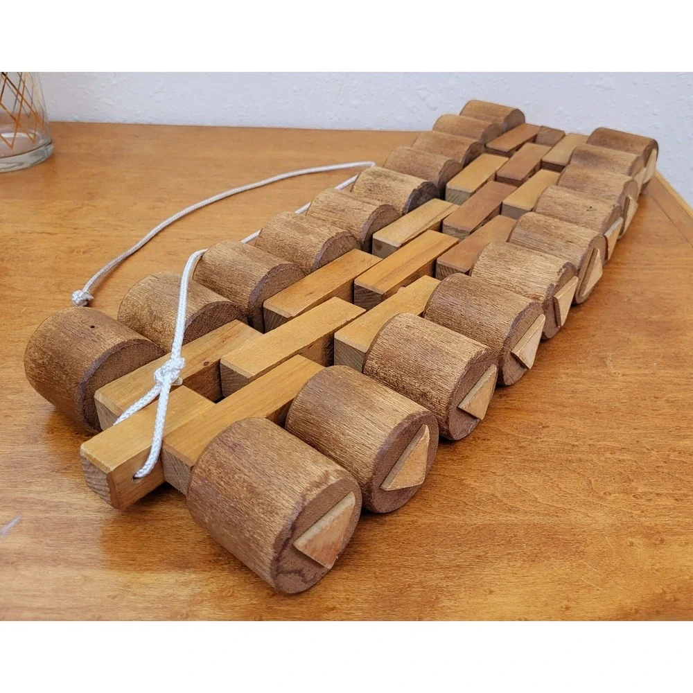 Vtg Wooden Pull Toy Rolling Folding‎ Blocks Geometrical Cylinders Natural Play